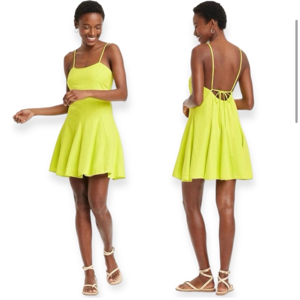A New Day Beach Bungalow Linen Mini Dress - Lime - 𝐗𝐒